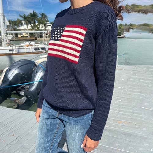 Image of Womens American Flag Sweater Long Sleeve Crew Neck Star Graphic Knit Pullover Tops Casual Loose USA Sweater