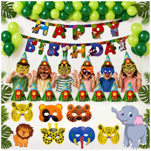 Image of Wanna Party Jungle Theme Birthday Decoration Combo Pack, 35 Pieces | 1 Jungle Happy Birthday Banner, 8 Jungle Party Hats, 6 Jungle Eye Masks & 20 Green Latex Balloons