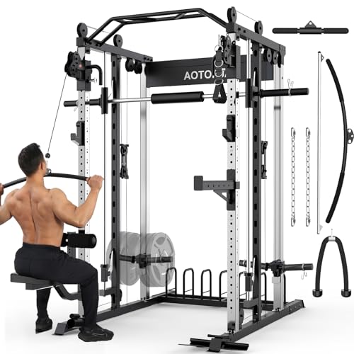 AOTORJAY Smith Machine Strength Training Squat Rack with Smith Bar, Power Cage with LAT Pull-Down Systems, Cable Crossover Machine for Home Gym and More Training Attachment (Smith Machine)