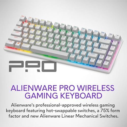 Image of Alienware Pro Wireless Gaming Keyboard - Bluetooth 5.1 /2.4 GHz Radio Frequency Connectivity, Linear Mechanical, Hot-swappable switches, Tri Mode connectivity, Adjustable Height - Lunar Light