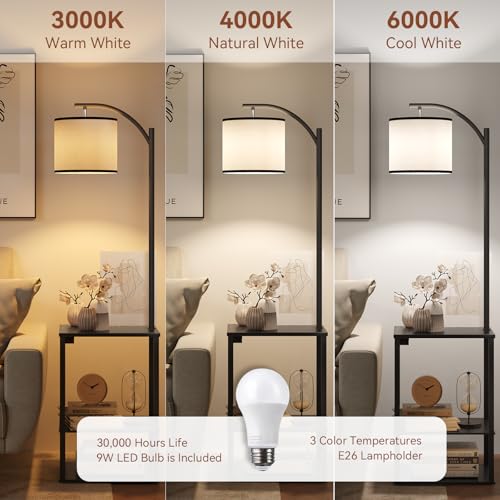 Image of SUNMORY Floor Lamp with Table, End Table for Living Room with Lamp, Shelves Side Table with Charging Station(USB & AC Port), 3 Color Temperature LED Bulb, Modern Nightstand Lamp for Bedroom, Office