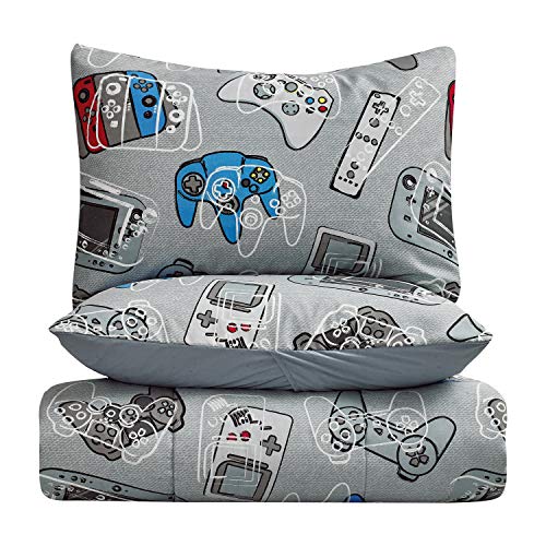 Kids Rule 7-Piece Gamer Glow In The Dark Comforter Set, Withn1 Full Bed Size Comforter, A Fitted, And Flat Sheets, And 4 Pillowcases, Game Controllers Print, Blue, Grey, Gifts For Kids - Full #TOP1