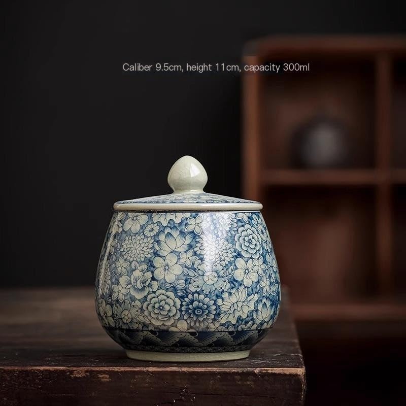 SONGCHAO Sugar Jar Ceramic Tea Can Storage Cans Retro Blue and White Cracked Sealed Cans Household Small Tea Cans Tea Canister
