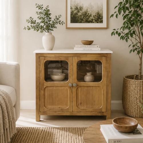 Image of The Attic Crestwood Solid Wood Two Door Sideboard Cabinet with Glass Doors | Storage & Display Cabinet for Living Room & Dining Room | Handcrafted Mango Wood, Light Teak Finish