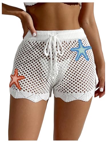 Verdusa Women's Star Crochet Sheer Bathing Suit Cover Up Shorts Drawstring Waist Bikini Bottoms