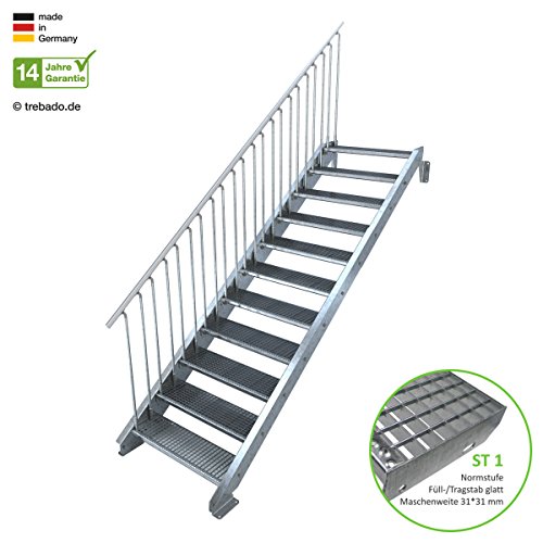 Preisvergleich Produktbild Außentreppe 11 Stufen 90 cm Laufbreite - einseitiges Geländer links - Anstellhöhe variabel von 183 cm bis 220 cm - Gitterroststufe ST1 - feuerverzinkte Stahltreppe mit 900 mm Stufenlänge als montagefertiger Bausatz