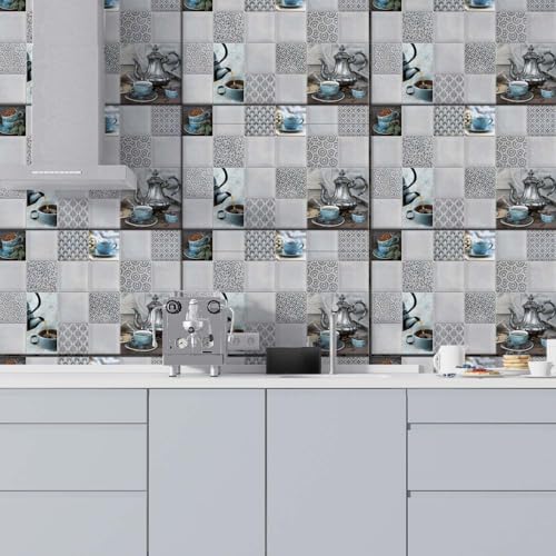 Image of Kitchen Wallpaper Tiles Sticker 12x18 Inch (Pack of 8) Self Adhesive Waterproof Oil Proof Wall Stickers for Kitchen Backsplash Decoration Heat Resistant PVC Wall Paper Tiles Design Kitchen Decor