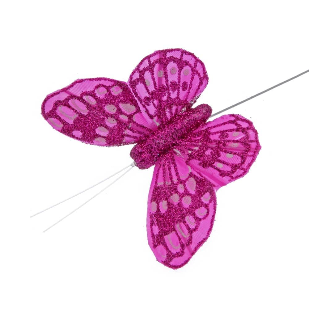 Corsage Creations - 7cm Glitter Butterflies - Hot Pink (12pcs per pk, on a 20cm Wire)