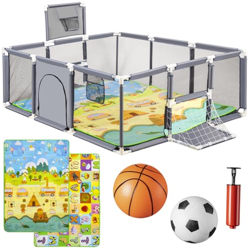 Altaudia Parque Infantil Bebe + Alfombra de Juego + Pelota de Futbol y Baloncesto - Corralito de Bebé Plegable 180 x 120 x 65cm - Parque de Juegos Bebé Con Malla Transpirable - Color Gris