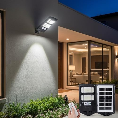 Image of LITVERSE 50W Solar Street Light, IP67 Waterproof with Remote & Motion Sensor. Dusk to Dawn 6500K Cool White LED Flood lamp, Durable ABS Alloy Body for Home, Garden, Yard, gate & Parking.