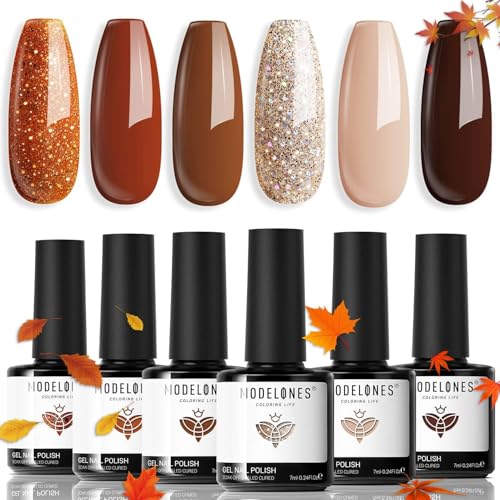 Image of Modelones Gel Nail Polish Set, 6 Colors Fall Neutral Nude Brown Gel Polish Maroon Caramel Burgundy Champane Gold Glitter Nail Polish Cherry Mocha Soak OFF LED DIY Kit Gift