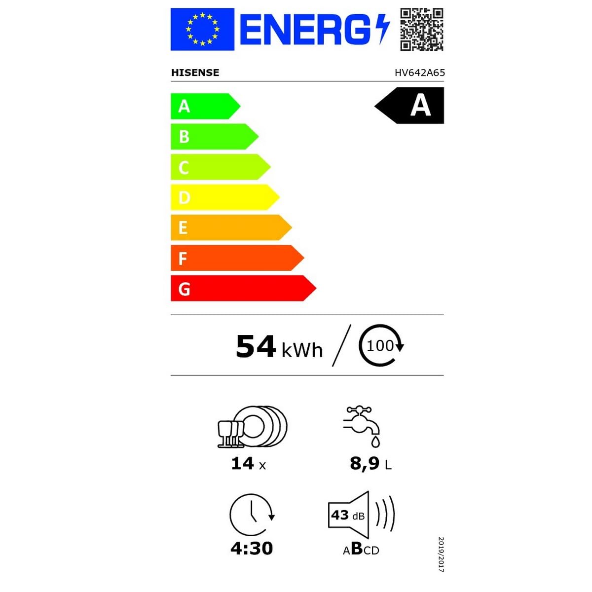 Hisense HV642A65 Lave-vaisselle à encastrer, 16 places, 6 programmes, troisième panier, Total Dry, moteur asynchrone Départ différé, 43 dB, Classe A
