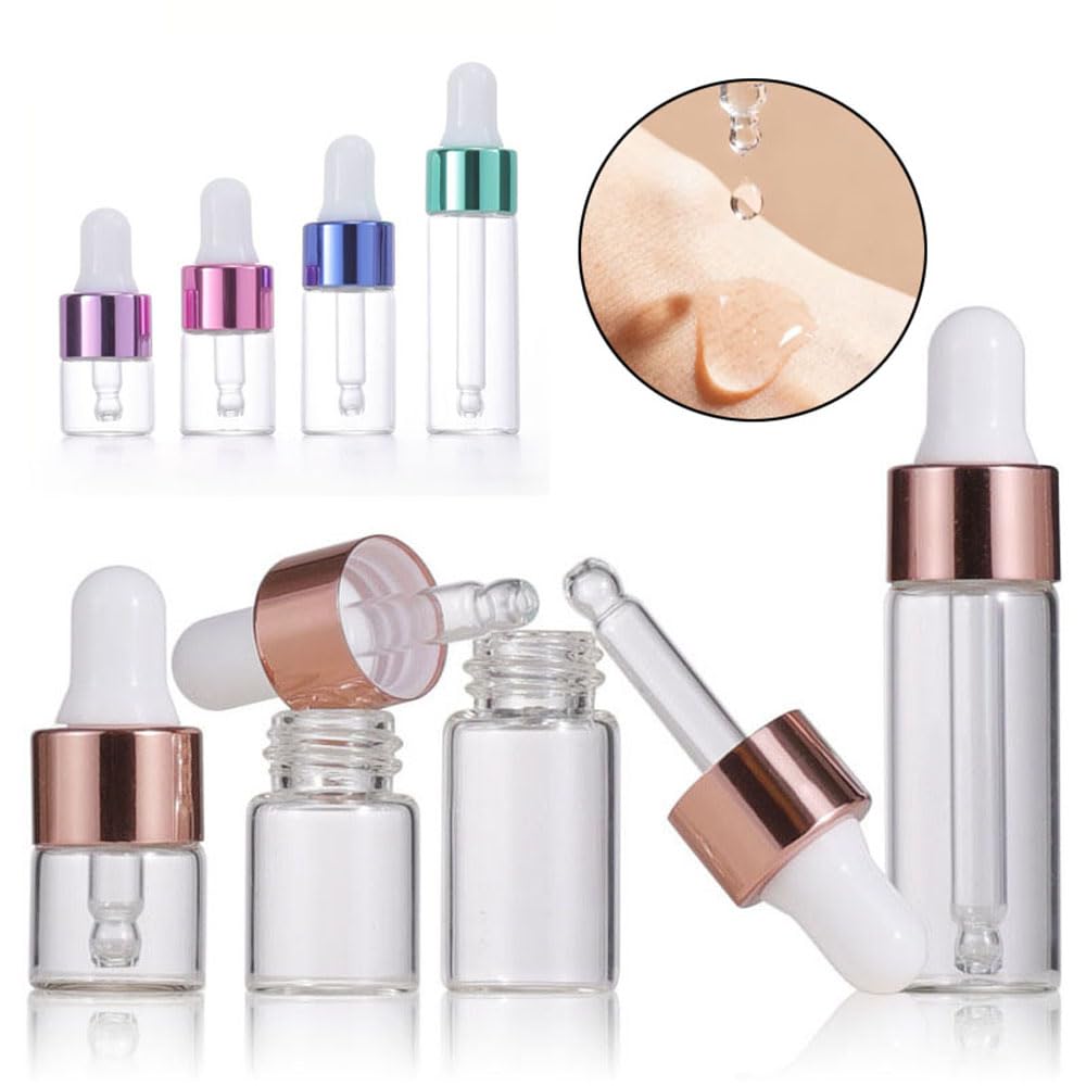 100 stücke 1/2/3/5ML Leere Glas Mini-Tropf ätherische Flaschen Pipetten Öl Aroma Therapie Roségold Kappe Pipetten Flaschen (Transparent-Rosengold,2ml)