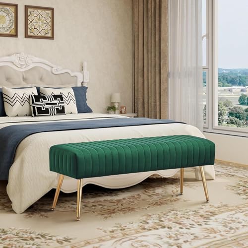 Image of Modern Velvet 2 Seater Ottoman | Upholstered Long Ottoman for Bedroom, Living Room, Entryway, Sofa Upholstered or End of Bed Seating | Comfortable Padded Accent Furniture | Velvet Green