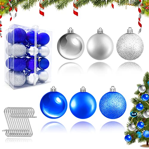 Boules de Noël, 24 Pcs Bleu et Argent Boules de Noël Décoration Rnements Boîte en Plastique Incassable, pour Décorations de Noël Intérieure ou Extérieure Cover