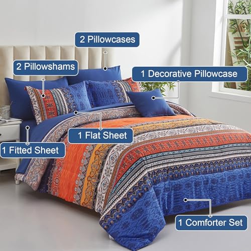 Image of Cottolester Boho Comforter Set Full Size 8 Piece Bed in a Bag Burnt Orange Paisley Fall Comforter and Sheet Set Bohemian Striped Bedding Set,Soft Microfiber Complete Bedding Set
