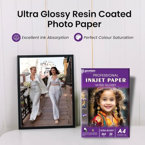 Image of Growlam Ultra Glossy Photo Paper 264 GSM A4 Size, 20 Sheets (Pack of 3) | Waterproof Technology, Instant Drying, Superior Colour Accuracy, Outstanding Ink Absorption, Resin-Coated for Long Durability