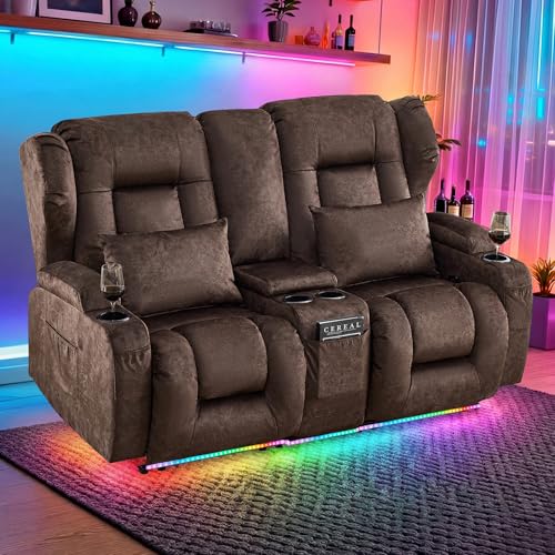 Image of SAMERY 65.5 inch Loveseat Recliner Sofa | Double Recliner Sofa & Console | Wall Hugger Loveseat Reclining RV Theater Seats | RV Couch Home Theater Seating Furniture (Velvet Mahogany)