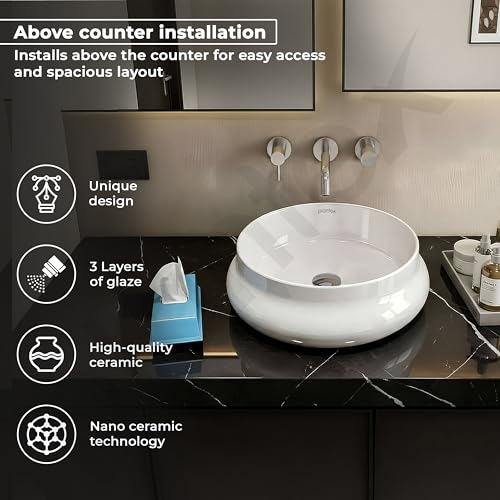 Image of Plantex Ceramic Basin /Countertop Vessel Sink /Tabletop Wash Basin /Washbasin for Bathroom with 10 Years Glaze Warranty by Plantex (White Glossy - 16 x 16 x 5.5 Inch)