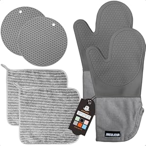 Oven Mitts and Pot Holders – Heat and Slip Silicone Mitts, Quilted Soft Cotton Lining, with Potholders and Cotton Dish Towels, Adhesive Hooks for Hanging, Pack of 6 (Black)