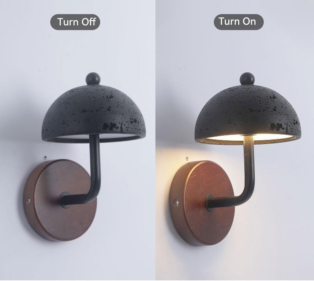 Black Travertine Wall Sconce, Cave Stone Shade, Solid Wood Round Base, Rustic Minimalist Indoor Wall Light for Bedroom, Living Room, Hallway, Staircase, Entryway, Foyer Parlor