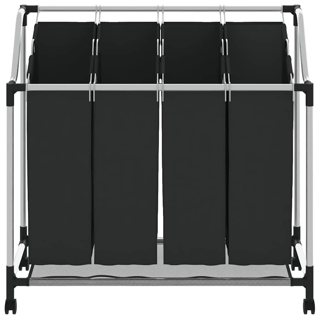 4 Fächer Schwarz Wäschesortierer mit Stahlrahmen und Rädern, Wäschesammler für Wäscherei, Hauswirtschaftsraum und Schrank, 4 getrennte Beutel zur Wäschetrennung, robust