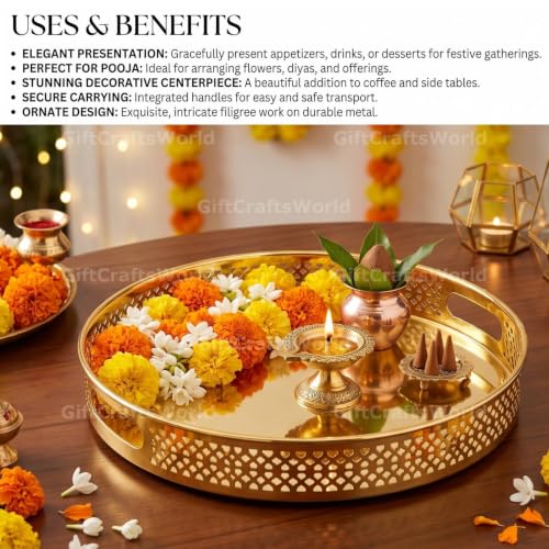 Image of Multipurpose Metal Basket For Gift Hamper, Pooja Temple Storage With Sturdy Handle, Decorative Flower Organizer & Versatile Puja Utility Accessories Home Decoration (Round Tray)