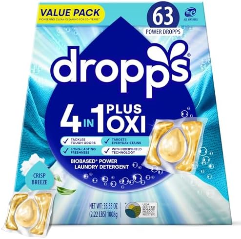 Amazon.com: Dropps 4-in-1 Plus Oxi Laundry Detergent Pods, Crisp Breeze (63 Count) - Laundry ...
