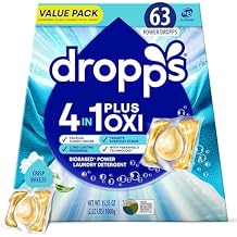 Dropps 4-in-1 Plus Oxi Laundry Detergent Pods, Crisp Breeze 63 Count - Laundry Pods | Advanced Odor Defense | Fights Stains | Whitens & Brightens | Clean Ingredients | Plastic Free Packaging