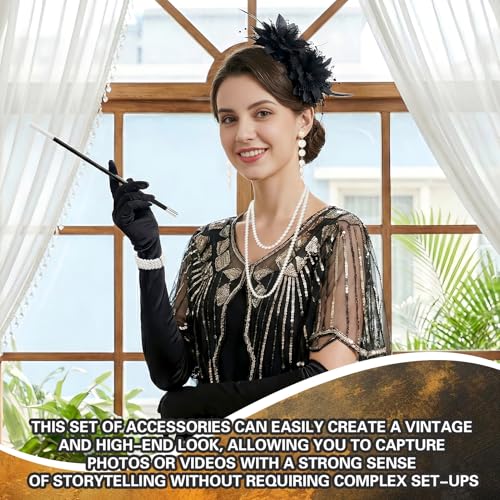 Dongcill 20er Jahre Kostüm Damen, 8-teiliges Great Gatsby Accessoires, 1920er Jahre Kleid Zubehör Set mit Kopfbedeckung Handschuhen Halskette Armband Ohrringen für Karneval Halloween