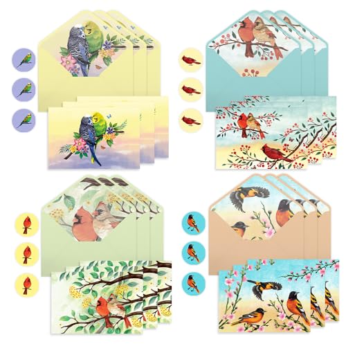 WIRESTER Cute Blank Cards for All Occasion, Greeting Cards Stationary Cards Set (12 Cards and Envelopes, 12 Stickers) - Parakeet Birds, Cardinal Birds, Baltimore Oriole Birds