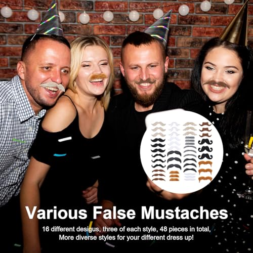 48 Stück Schnurrbart zum Ankleben Selbstklebend Bärte, Falscher Kleben Schnauzer, Fake Party Bart, für Kostümpartys, Halloween, Weihnachten, Mottopartys