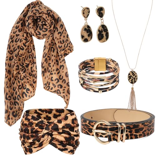7 Pcs Cheetah Print Accessories, Leopard Earrings and Scarf, Adjustable Belt, Animal Print Headband, Boho Leopard Jewelry Gifts Set for Women