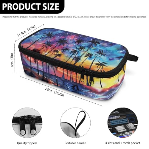 Image of Starry Beach Kids Large Pencil Pouch for Boys Girls Tropical Pencil Case with Metal Zipper Children Pencil Box for Adults Women Men Coin Purse Makeup Bag for Office Supplies