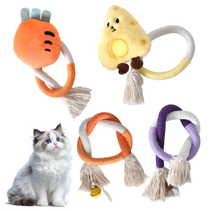 DEARBAG 4 PCS Cat Chew Rope Toys, Handmade Cotton Cats Chew Toy with Plush