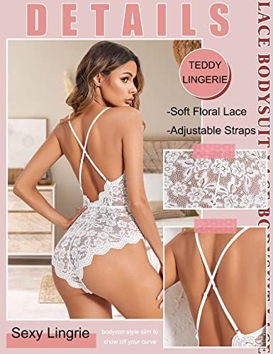 Avidlove Women Deep V Sexy Lace Bodysuit Snap Crotch Lingerie Teddy(White,L) - 2