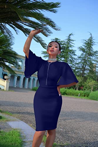 Image of Memoriesea Women's Basic Bodycon Ruffle Flared Short Sleeve Pencil Midi Dress