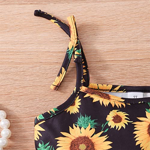 Image of Toddler Girls Summer Clothes Outfits Bow Shoulder Sleeveless Sunflower Shirt Tops and Shorts 2 Piece Sets