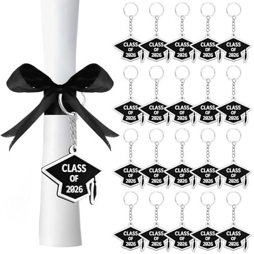 WILLBOND 20 Pieces Class of 2026 Graduation Keychains Rubber Key Chains Grad Cap(Black and White)