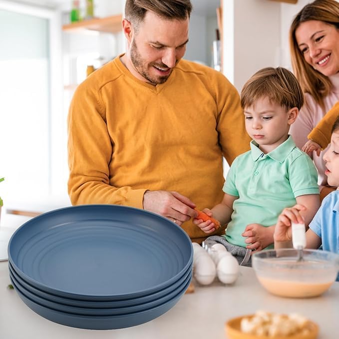Image of Wheat Straw Dinner Plate Set, Eco-Friendly Dinner Set Round Serving Plate, Dishwasher & Microwave Safe - Perfect for Dinner Dishes Deep Plates Easy to Clean (Dark Blue -4PCS, 23 CM)