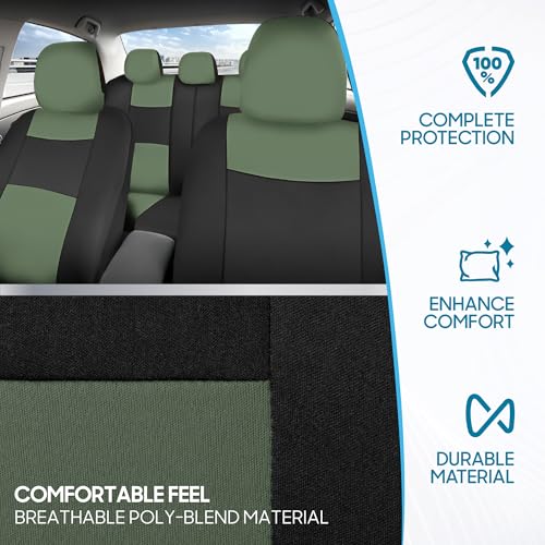 Image of BDK PolyPro Car Seat Covers Full Set in Green on Black, Front and Rear Split Bench Seat Covers for Cars, Car Seats Cover Set and Accessories for Auto Trucks Van SUV - Green