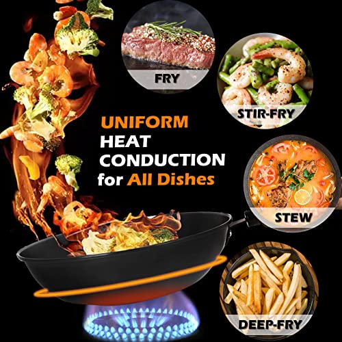 Clatine Wok Pan With Lid, 13 Inch Wok & Stir-Fry Pan With Wooden Spatula, No Chemical Coated Carbon Steel Wok, Nitrided Non-Stick Chinese Wok With Flat Bottom For Induction, Electric, Gas Stove #TOP1