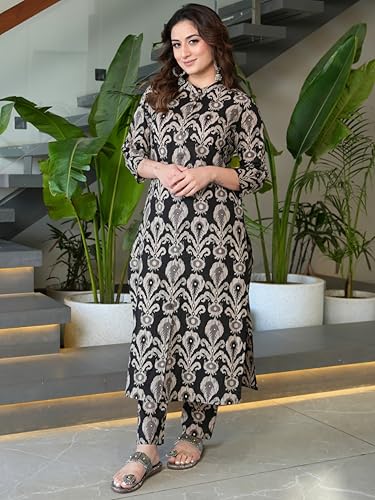 Image of Arayna Women's Pure Cotton Block Printed Ethnic Wear Kurta Set with Palazzo Pants