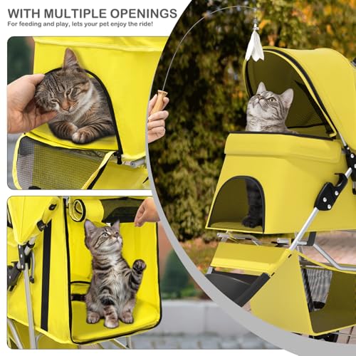 Image of MoNiBloom Foldable Pet Stroller with Waterproof Cover, 3-Wheels Dog Strolling Cart for Small /Medium Dogs and Cats with Storage Basket and Cup Holder, Breathable and Visible Mesh for All-Season, Yellow