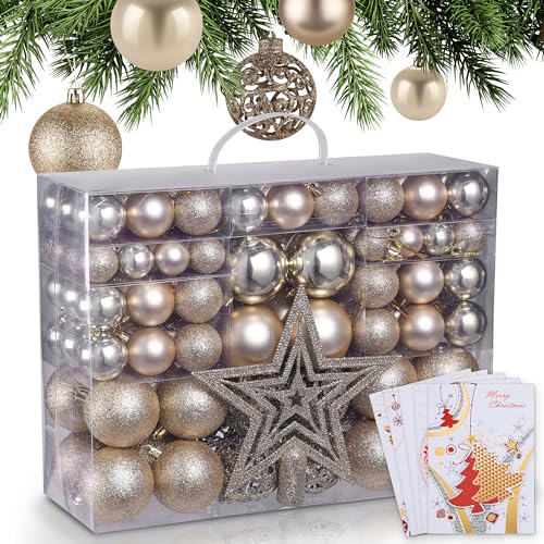 ONBEST Weihnachtskugeln 128-teiliges Set – 1x Baumspitze Glitzer Stern & 127x Kugel – mit Verpackung – Weihnachtsschmuck Deko für Drinnen & Draußen aus Kunststoff – Plus 5X Karte (Champagner) ONBEST Weihnachtskugeln 128-teiliges Set – 1x Baumspitze Glitzer Stern & 127x Kugel – mit Verpackung – Weihnachtsschmuck Deko für Drinnen & Draußen aus Kunststoff – Plus 5X Karte (Champagner)