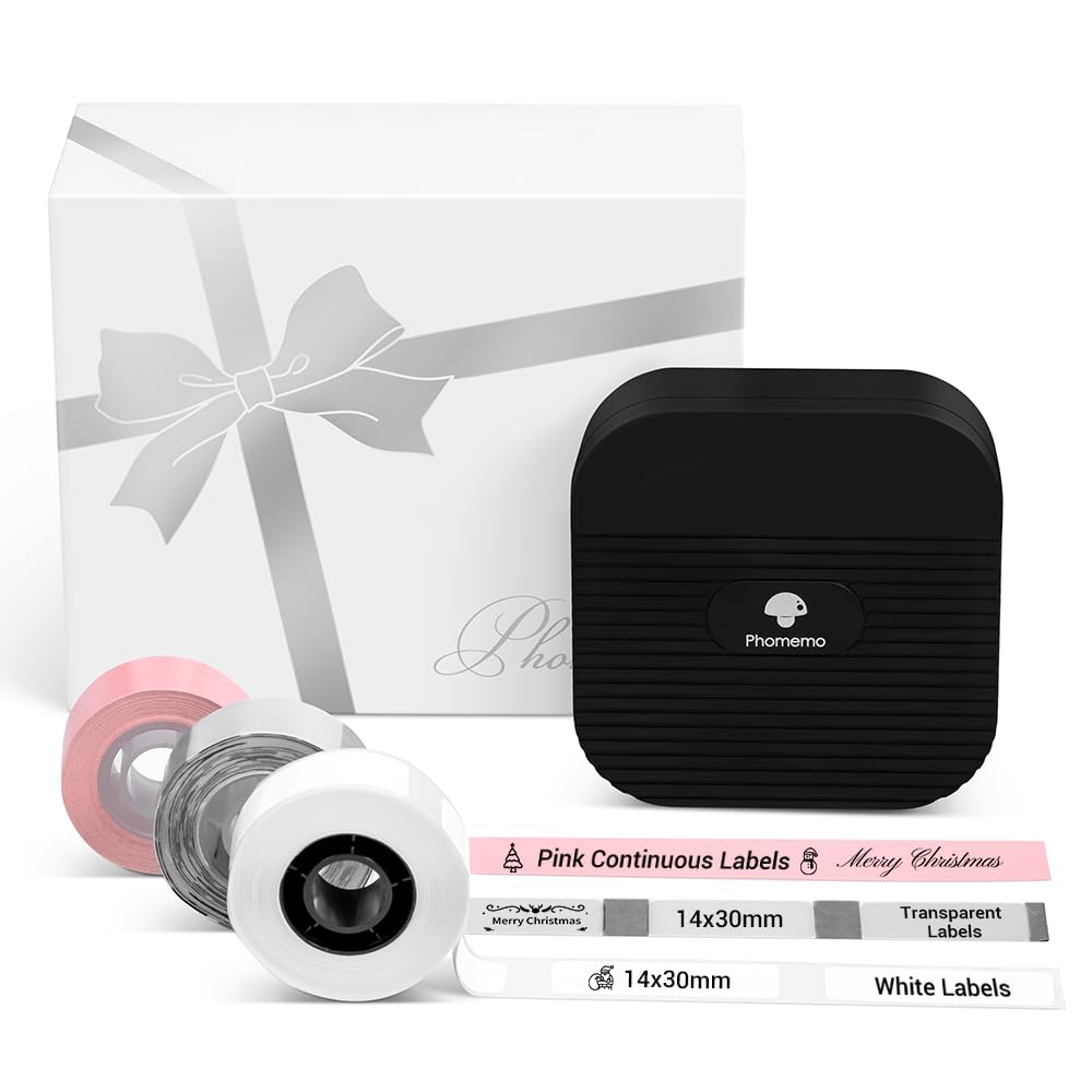 Zestaw upominkowy Q31 drukarka etykiet z 3 rolkami białej/przezroczystych/różowych etykiet, Phomemo Q31 Bluetooth, drukarka etykiet, samoprzylepna, do domu i biura, z 3 rolkami etykiet (czarny)