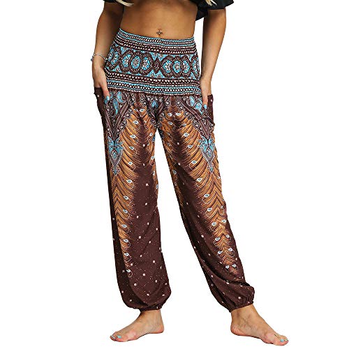 Nuofengkudu Femme Hippie Sarouel Harem Thai Pantalon Poches Boho Fleuri Print Taille Haute Baggy Casual Plage Leger Yoga Pants (Marron A,Taille Unique)