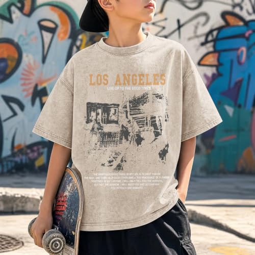 Image of Oversized Boys Graphic Tees Acid Wash Los Angeles Tshirt Youth Cotton T Shirt Crewneck Tee Kids Short Sleeve Tops
