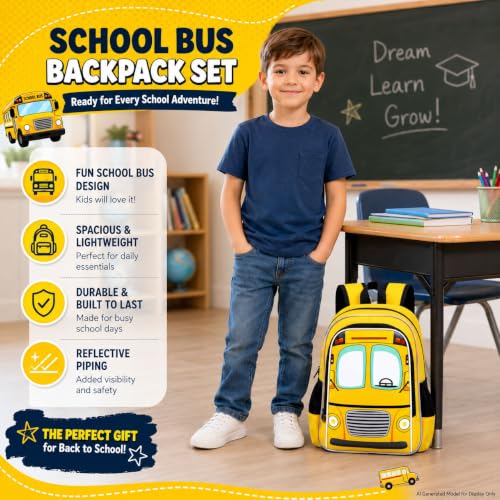 Image of WZLVO 3PCS Bus Bookbag for Boys, 16 inch Cool UV Printing Kids Backpack /School Bag with Lunch Box & Pencil Bag for Preschool to Elementary - Yellow Bus