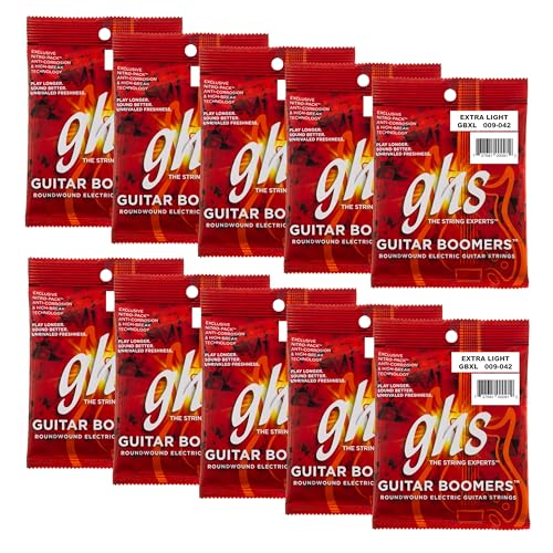 Image of GHS Strings, GBXL Boomers, Nickel Plated Steel Electric Guitar Strings, Legendary Strength, Consistent Intonation, Long Lasting Brightness, Tone & Sustain. For 6-String Guitar, 9-42 XL Gauge, 10 Pack